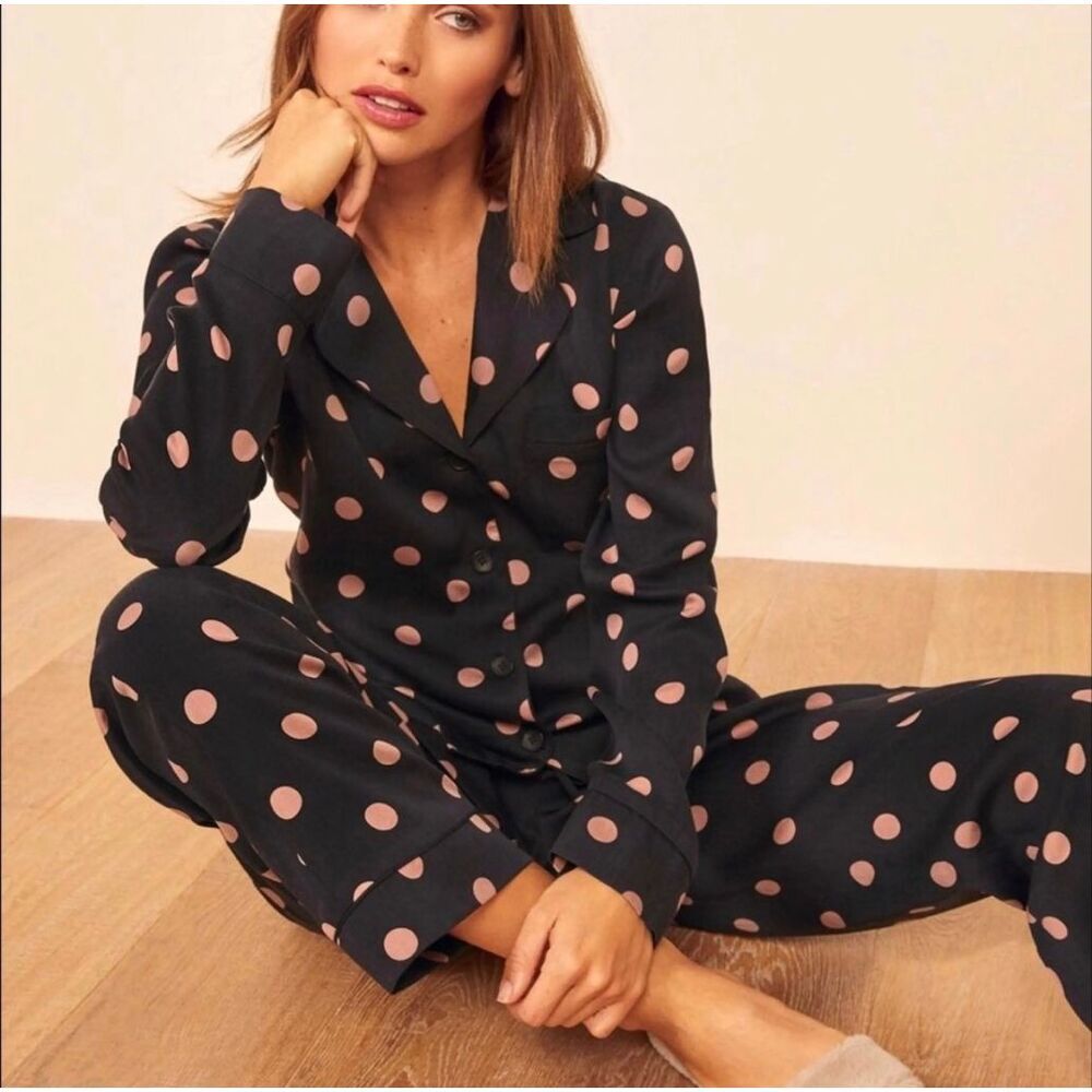Reformation Mimi Polkadot Button-Down Long-Sleeve Pajama Top L